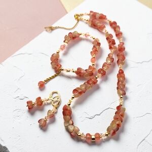 Delicate Pink Strawberry Quartz Bead Necklace and Bracelet Set
